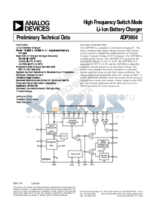 ADP3804JRU-126 datasheet - High Frequency Switch Mode Li-Ion Battery Charger