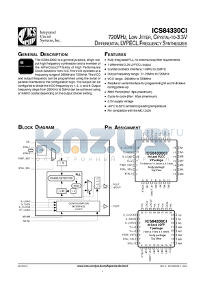 ICS84330CYIT datasheet - 720MHZ, LOW JITTER, CRYSTAL-TO-3.3V DIFFERENTIAL LVPECL FREQUENCY SYNTHESIZER