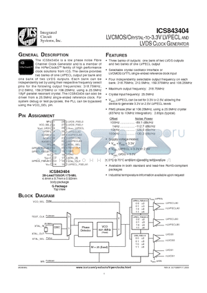 ICS843404AGLFT datasheet - LVCMOS/CRYSTAL-TO-3.3V LVPECL AND LVDS CLOCK GENERATOR