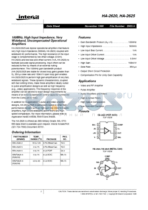 HA2620 datasheet - 100MHz, High Input Impedance, Very Wideband, Uncompensated Operational Amplifiers