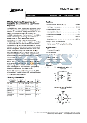 HA2625 datasheet - 100MHz, High Input Impedance, Very Wideband, Uncompensated Operational Amplifiers