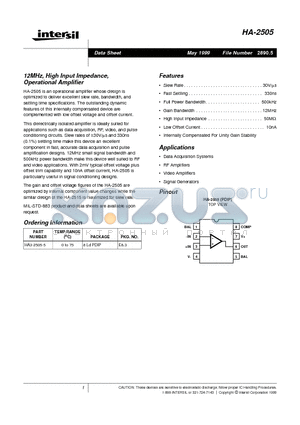 HA3-2505-5 datasheet - 12MHz, High Input Impedance, Operational Amplifier