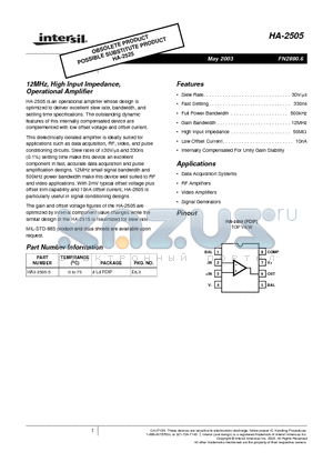 HA3-2505-5 datasheet - 12MHz, High Input Impedance, Operational Amplifier