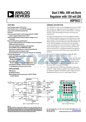 ADP5022ACBZ-2-R7 datasheet - Dual 3 MHz, 600 mA Buck Regulator with 150 mA LDO