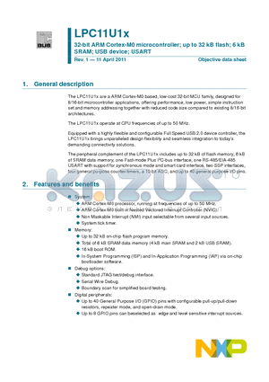 LPC11U12FHN33 datasheet - 32-bit ARM Cortex-M0 microcontroller; up to 32 kB flash; 6 kB SRAM; USB device; USART