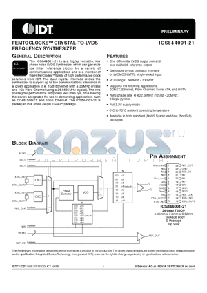 ICS844001-21 datasheet - FEMTOCLOCKS CRYSTAL-TO-LVDS FREQUENCY SYNTHESIZER