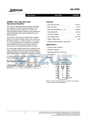 HA3-2539-5 datasheet - 600MHz, Very High Slew Rate Operational Amplifier