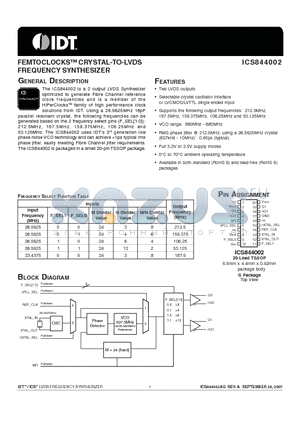 ICS844002AGL datasheet - FEMTOCLOCKS CRYSTAL-TO-LVDS FREQUENCY SYNTHESIZER
