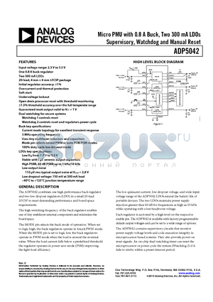 ADP5042 datasheet - Micro PMU with 0.8 A Buck, Two 300 mA LDOs Supervisory, Watchdog and Manual Reset