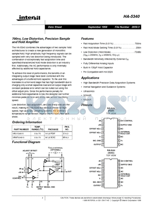 HA3-5340-5 datasheet - 700ns, Low Distortion, Precision Sample and Hold Amplifier