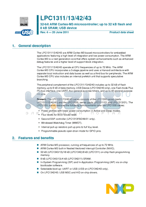 LPC1311 datasheet - 32-bit ARM Cortex-M3 microcontroller; up to 32 kB flash and 8 kB SRAM; USB device