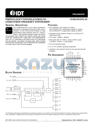ICS8440258-46 datasheet - FEMTOCLOCK CRYSTAL/LVCMOS-TOLVDS/LVCMOS FREQUENCY SYNTHESIZER
