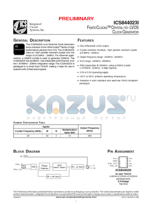 ICS844023AGIT datasheet - FEMTOCLOCKS CRYSTAL-TO- LVDS CLOCK GENERATOR