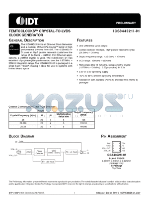 ICS844021BGI-01LF datasheet - FEMTOCLOCKS CRYSTAL-TO-LVDS CLOCK GENERATOR