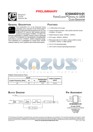 ICS844031I-01 datasheet - FEMTOCLOCKS CRYSTAL-TO- LVDS CLOCK GENERATOR