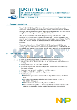 LPC1311 datasheet - 32-bit ARM Cortex-M3 microcontroller up to 32 kB flash and 8 kB SRAM USB device