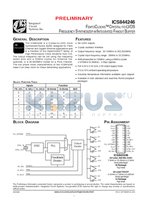 ICS844246AGLF datasheet - FEMTOCLOCKS CRYSTAL-TO-LVDS FREQUENCY SYNTHESIZER W/INTEGRATED FANOUT BUFFER