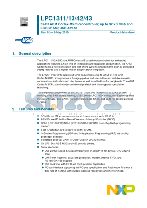 LPC1343FBD48 datasheet - 32-bit ARM Cortex-M3 microcontroller; up to 32 kB flash and 8 kB SRAM; USB device