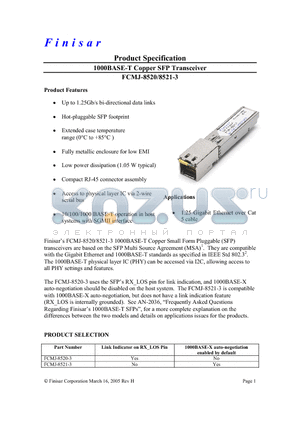 FCMJ-8521-3 datasheet - 1000BASE-T Copper SFP Transceiver