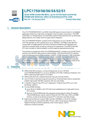 LPC1752FBD80 datasheet - 32-bit ARM Cortex-M3 MCU; up to 512 kB flash and 64 kB SRAM with Ethernet, USB 2.0 Host/Device/OTG, CAN