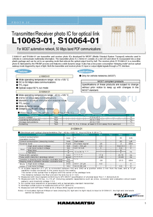 L10063-01 datasheet - Transmitter/Receiver photo IC for optical link For MOST automotive network, 50 Mbps band POF communications