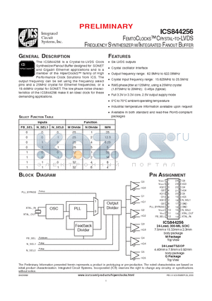 ICS844256AG datasheet - FEMTOCLOCKS CRYSTAL-TO-LVDS FREQUENCY SYNTHESIZER W/INTEGRATED FANOUT BUFFER