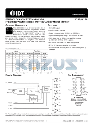 ICS844256BGLFT datasheet - FEMTOCLOCKS CRYSTAL-TO-LVDS FREQUENCY SYNTHESIZER W/INTEGRATED FANOUT BUFFER