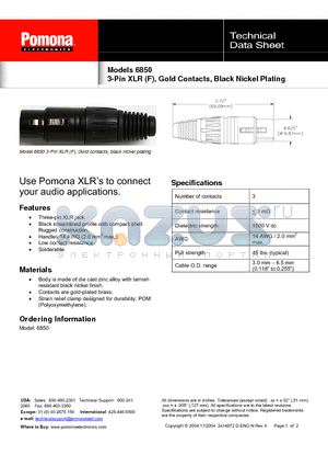 6850 datasheet - 3-Pin XLR (F), Gold Contacts, Black Nickel Plating