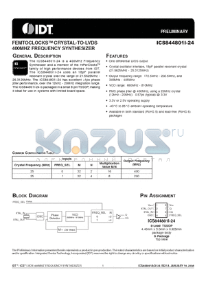 ICS844801AGI-24T datasheet - FEMTOCLOCKS CRYSTAL-TO-LVDS 400MHZ FREQUENCY SYNTHESIZER