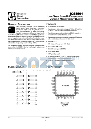 ICS8501BYT datasheet - Low Skew 1-to-16 Differential Current Mode Fanout Buffer