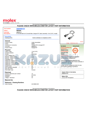 68560-9101 datasheet - 6 Circuits Male-to-6 Circuits Male, Ganged RF Cable Assembly 1.0m (3.28) Length