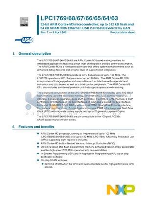 LPC1766FBD100 datasheet - 32-bit ARM Cortex-M3 microcontroller; up to 512 kB flash and 64 kB SRAM with Ethernet