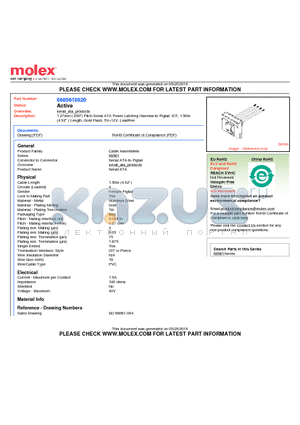 68561-0020 datasheet - 1.27mm (.050) Pitch Serial ATA Power Latching Harness-to-Pigtail, IDT, 1.50m (4.92) Length, Gold Flash, 5V12V, Leadfree