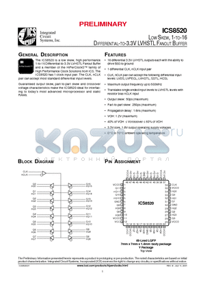 ICS8520DY datasheet - LOW SKEW, 1-TO-16 DIFFERENTIAL-TO-3.3V LVHSTL FANOUT BUFFER
