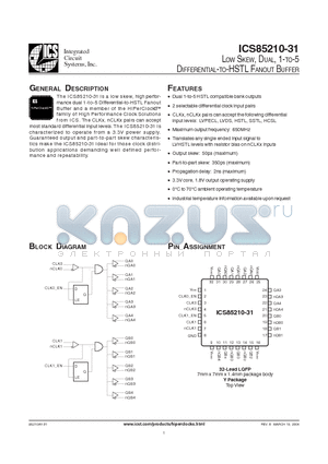 ICS85210AY-31T datasheet - LOW SKEW, DUAL, 1-TO-5 DIFFERENTIAL-TO-HSTL FANOUT BUFFER