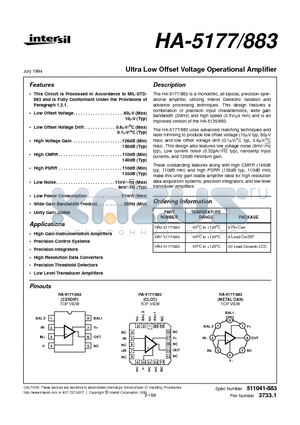 HA4-5177883 datasheet - Ultra Low Offset Voltage Operational Amplifier