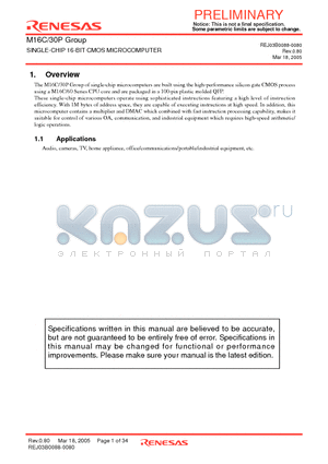 M30302MEP-XXX datasheet - SINGLE-CHIP 16-BIT CMOS MICROCOMPUTER