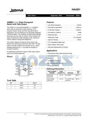 HA4201CB96 datasheet - 480MHz, 1 x 1 Video Crosspoint Switch with Tally Output