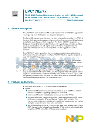 LPC1776FET180 datasheet - 32-bit ARM Cortex-M3 microcontroller; up to 512 kB flash and 96 kB SRAM; USB Device/Host/OTG