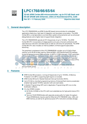 LPC1768 datasheet - 32-bit ARM Cortex-M3 microcontroller up to 512 kB flash and 64 kB SRAM with Ethernet, USB 2.0 Host/Device/OTG, CAN