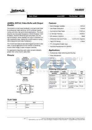 HA4600CH96 datasheet - 480MHz, SOT-23, Video Buffer with Output Disable
