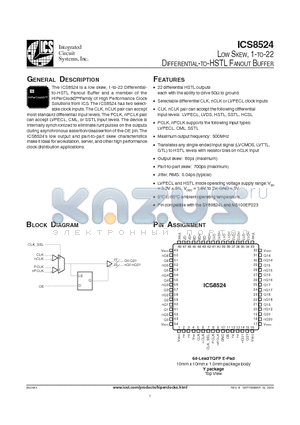 ICS8524 datasheet - LOW SKEW, 1-TO-22 DIFFERENTIAL-TO-HSTL FANOUT BUFFER