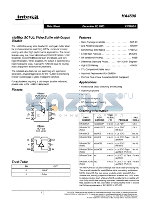 HA4600CHZ96 datasheet - 480MHz, SOT-23, Video Buffer with Output Disable