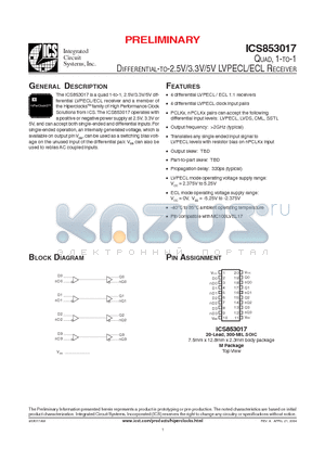 ICS853017 datasheet - QUAD, 1-TO-1 DIFFERENTIAL-TO-2.5V/3.3V/5V LVPECL/ECL RECEIVER