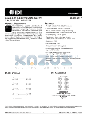 ICS853017AMLFT datasheet - QUAD, 1-TO-1, DIFFERENTIAL-TO-2.5V, 3.3V, 5V LVPECL RECEIVER