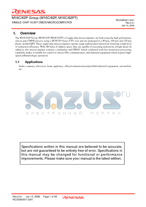 M30621FCPGP datasheet - SINGLE-CHIP 16-BIT CMOS MICROCOMPUTER