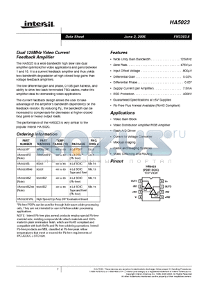 HA5023_06 datasheet - Dual 125MHz Video Current Feedback Amplifier