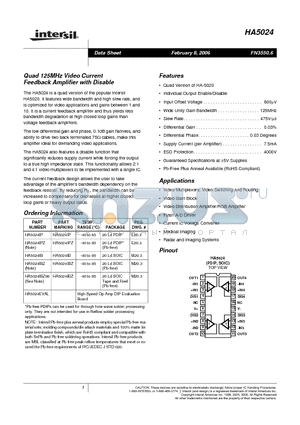 HA5024EVAL datasheet - Quad 125MHz Video Current Feedback Amplifier with Disable