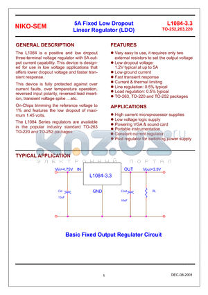 L1084T-3.3 datasheet - 5A Fixed Low Dropout Linear Regulator (LDO)