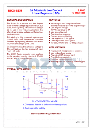 L1085 datasheet - 3A Adjustable Low Dropout Linear Regulator (LDO)